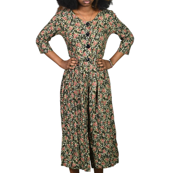 Vintage Rabbit Floral Jumpsuit Black Rayon Wide Leg Ditsy Microprint Calico XS - Picture 1 of 12